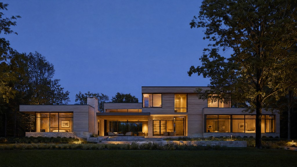 Subject property at dusk, wood and stone volumes glowing against the trees